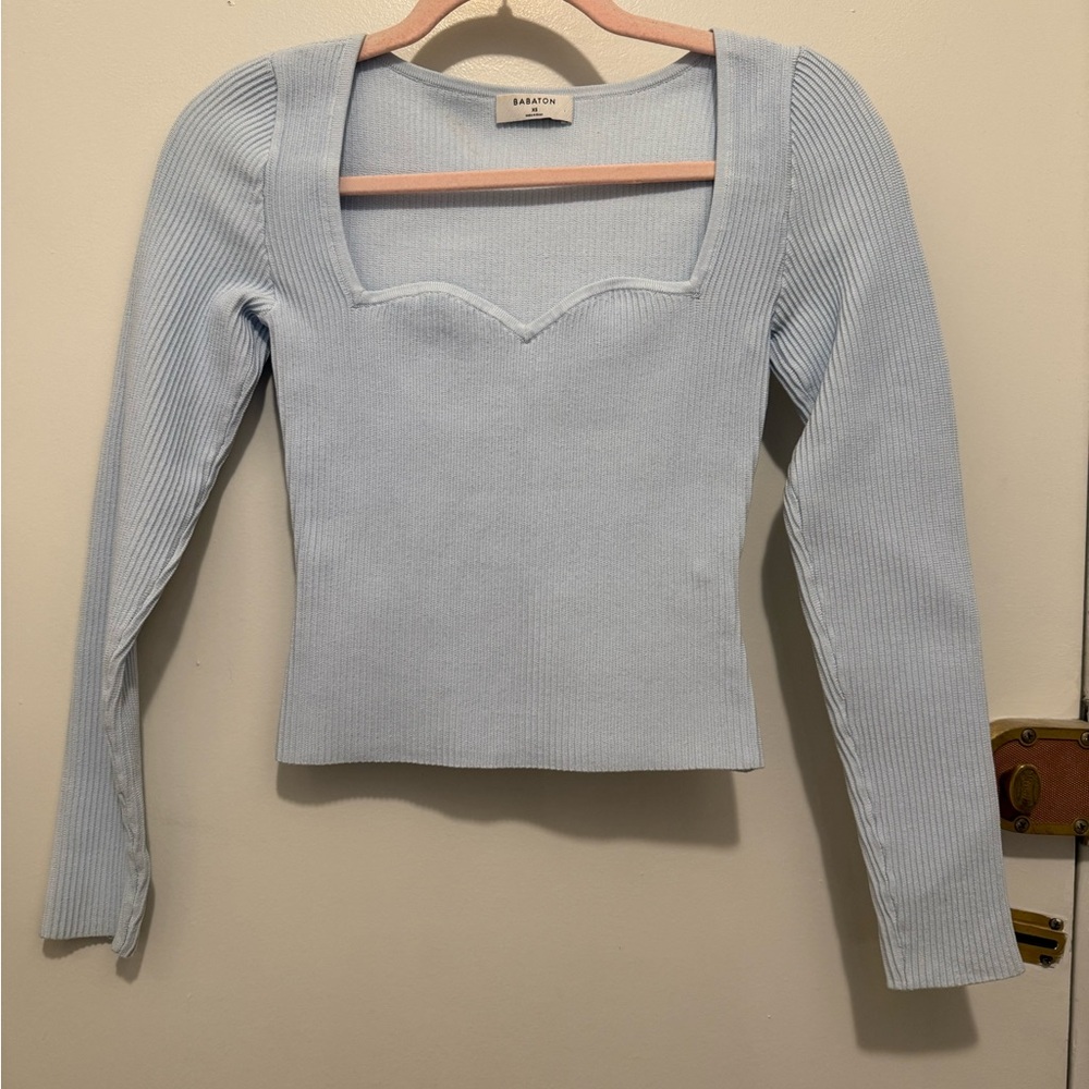 Babaton Blue Fitted Ribbed Blouse